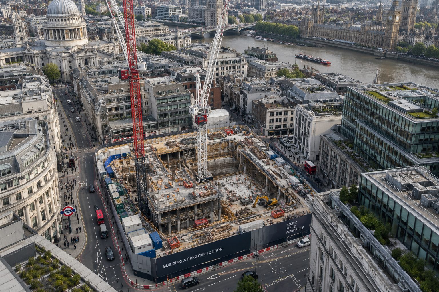 Aerial view of a central London construction site with tower cranes, hoardings and surrounding streets, noise monitoring positions marked on the boundary