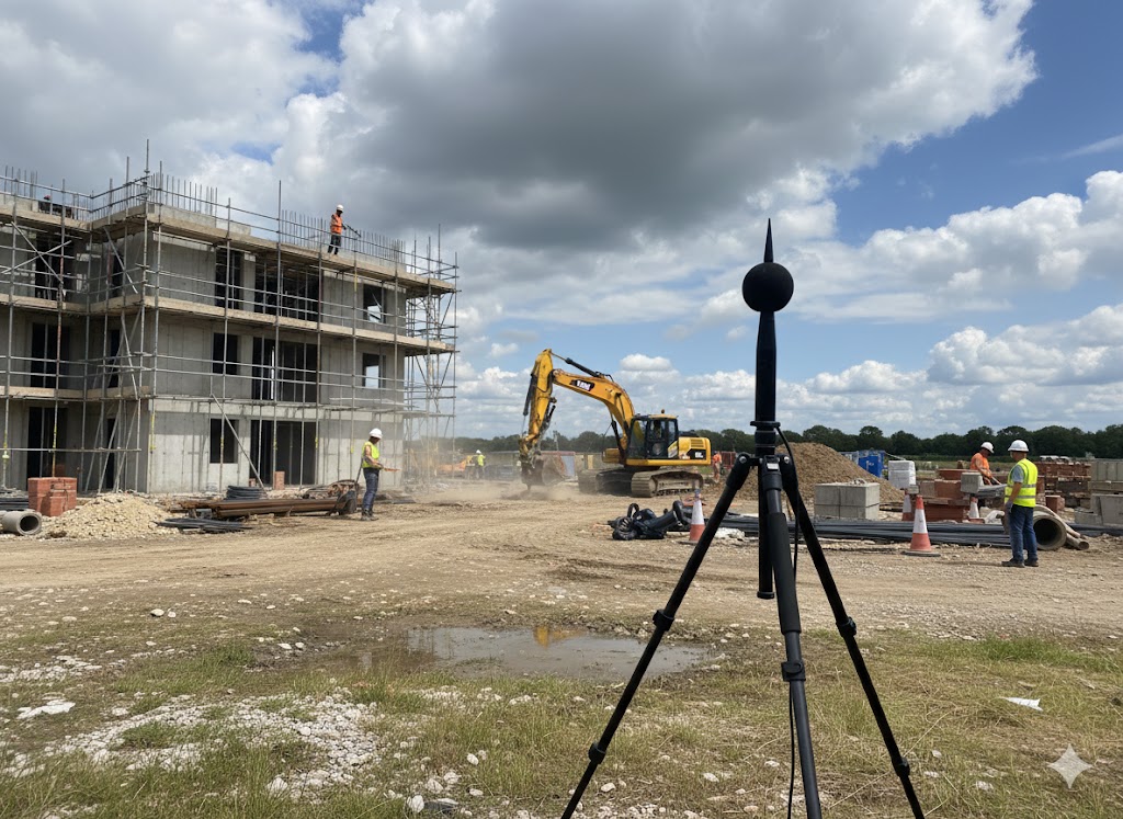 Tripod-mounted Class 1 construction noise monitor at the boundary of a UK building site, with scaffolded block and excavator behind